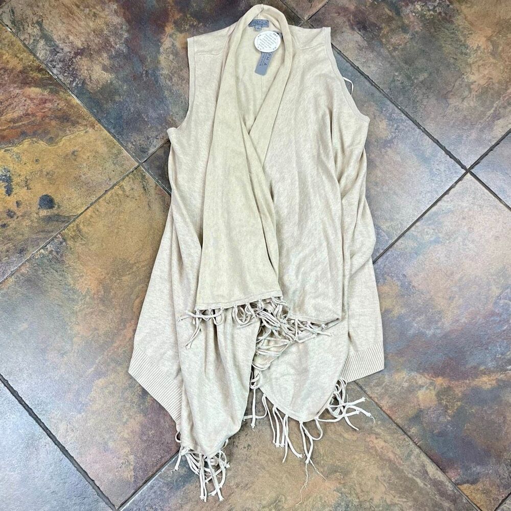 New! Nwt Joseph A Beige Knit Open-Front Vest Fringe Hem Cardigan Small — image 3 of 8